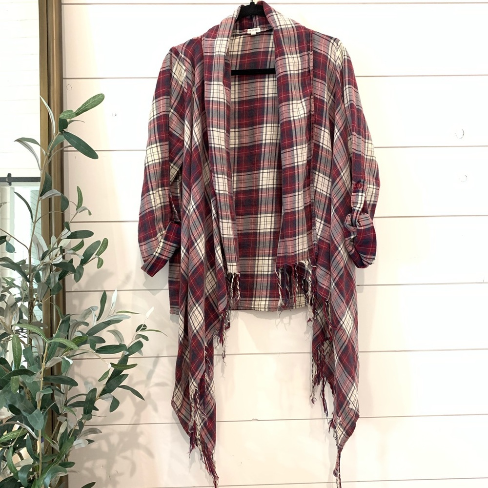 En Creme Plaid Flannel Fringe Open Cardigan